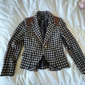Smythe Black and White Plaid Blazer with Brown leather Accents